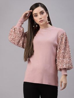 Mafadeny - Women Pink Coloured Pullover with Embellished Detail Top