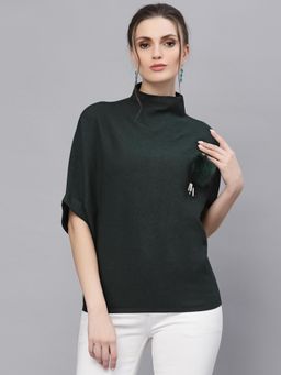 Mafadeny - Women Green Solid High Neck Pullover Top