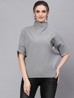 Mafadeny - Women Grey Solid High Neck Pullover Top