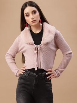 Mafadeny - Women Pink Crop Cardigan with Fuzzy Detail