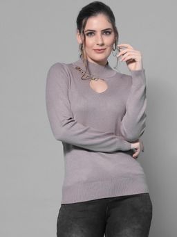 Mafadeny - Women Grey Pullover with Solid Detail Top