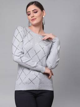 Mafadeny - Women Grey Pullover with Embellished Detail Top