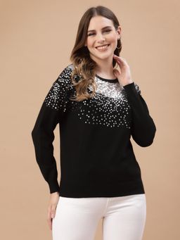 Mafadeny - Women Black Quirky Pullover with Embellished Detail Top