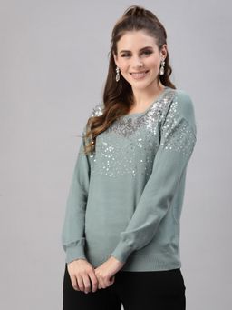 Mafadeny - Women Green Quirky Pullover with Embellished Detail Top