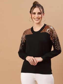Mafadeny - Women Black Sequins Embellished Pullover Top