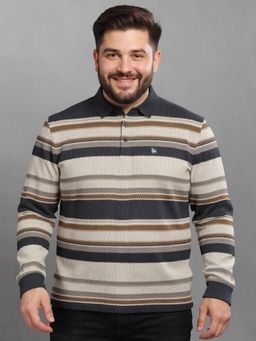 BULLMER - Men Beige Cotton Stripes Regular Fit Polo T-Shirt