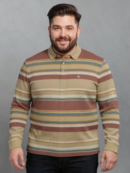 BULLMER - Men Khaki Cotton Stripes Regular Fit Polo T-Shirt