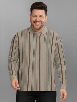 BULLMER - Men Beige Cotton Stripes Regular Fit Polo T-Shirt