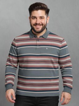 BULLMER - Men Grey Cotton Stripes Regular Fit Polo T-Shirt