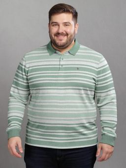 BULLMER - Men Green Cotton Stripes Regular Fit Polo T-Shirt