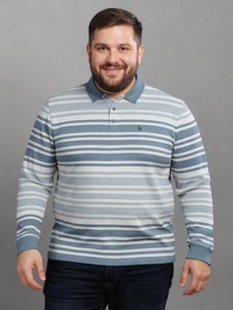 BULLMER - Men Blue Cotton Stripes Regular Fit Polo T-Shirt