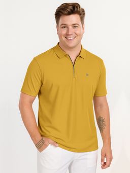 BULLMER - Men Mustard Polyester Solid Regular Fit Polo T-Shirt