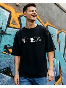 Bewakoof - Men's Jet Black Wednesday Typography Oversized T-shirt