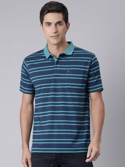 Classic Polo - Men Blue Cotton Blend Stripes Regular Fit Polo T-Shirt