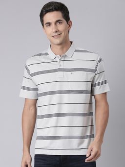 Classic Polo - Men Off White Cotton Blend Stripes Regular Fit Polo T-Shirt