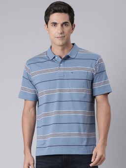 Classic Polo - Men Blue Cotton Blend Stripes Regular Fit Polo T-Shirt
