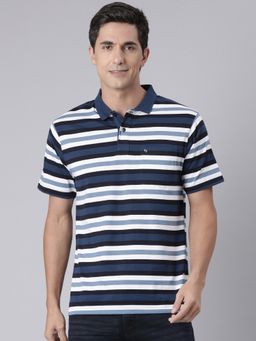 Classic Polo - Men Navy Blue Cotton Blend Stripes Regular Fit Polo T-Shirt