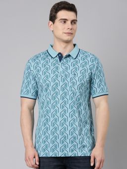 Classic Polo - Men Turquoise Cotton Printed Slim Fit Polo T-Shirt
