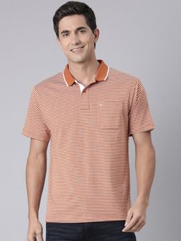 Classic Polo - Men Orange Cotton Blend Stripes Regular Fit Polo T-Shirt