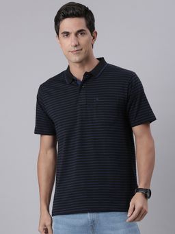 Classic Polo - Men Navy Blue Cotton Blend Stripes Regular Fit Polo T-Shirt