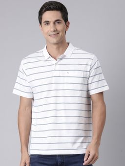 Classic Polo - Men White Cotton Blend Stripes Regular Fit Polo T-Shirt
