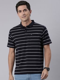 Classic Polo - Men Black Cotton Blend Stripes Regular Fit Polo T-Shirt