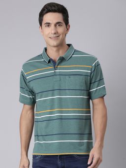 Classic Polo - Men Green Cotton Blend Stripes Regular Fit Polo T-Shirt
