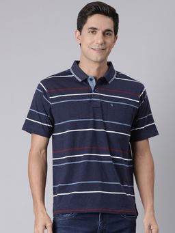 Classic Polo - Men Navy Blue Cotton Blend Stripes Regular Fit Polo T-Shirt