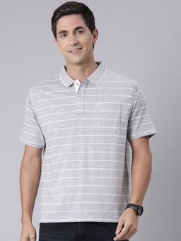 Classic Polo - Men Grey Cotton Blend Stripes Regular Fit Polo T-Shirt