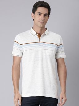 Classic Polo - Men Off White Cotton Blend Stripes Slim Fit Polo T-Shirt