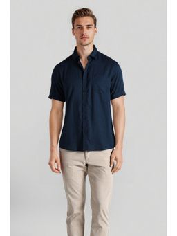 Crocodile - Men Navy Blue Lyocell Blend Solid Comfortable Fit Casual Shirt