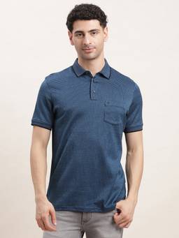 Turtle - Men Blue Pure Cotton Self Design Slim Fit Polo T-Shirt