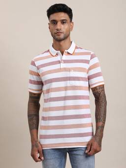 Turtle - Men Multi-Color Pure Cotton Stripes Slim Fit Polo T-Shirt