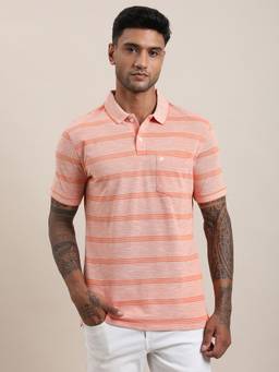 Turtle - Men Orange Pure Cotton Stripes Slim Fit Polo T-Shirt