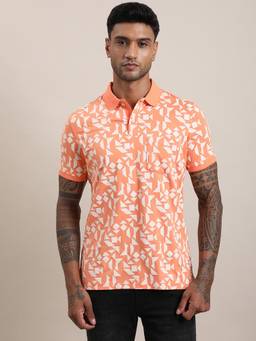 Turtle - Men Orange Cotton Blend Printed Slim Fit Polo T-Shirt