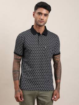 Turtle - Men Black Cotton Blend Printed Slim Fit Polo T-Shirt