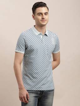 Turtle - Men Blue Cotton Blend Printed Slim Fit Polo T-Shirt
