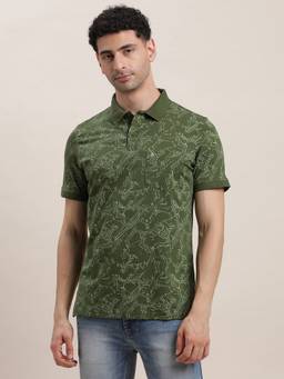 Turtle - Men Green Cotton Blend Printed Slim Fit Polo T-Shirt