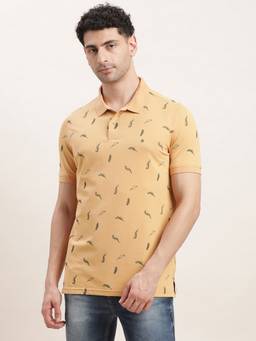 Turtle - Men Yellow Polycotton Printed Slim Fit Polo T-Shirt