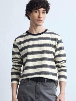 Flying Machine - Men Black-Off White Horizontal Striped Relaxed Fit T-shirt