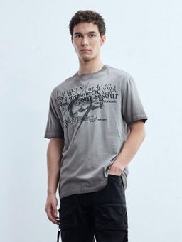 Flying Machine - Men Grey Typography Printed Relaxed Fit T-shirt