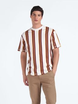 Flying Machine - Men Brown-White Vertical Stripe Oversized T-shirt