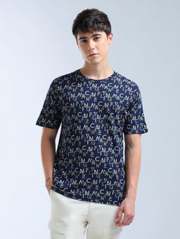 Flying Machine - Men Navy Blue Crew Neck Typography Printed T-shirt