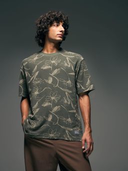 Flying Machine - Men Olive Floral Printed Relaxed Fit T-shirt