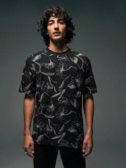 Flying Machine - Men Black Floral Printed Relaxed Fit T-shirt