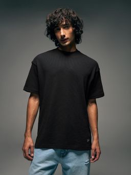 Flying Machine - Men Black Textured Waffle Knit Relaxed Fit T-shirt