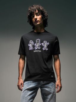 Flying Machine - Men Black Graphic Printed Cotton Relaxed Fit T-shirt