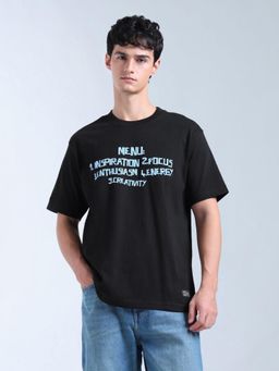 Flying Machine - Men Black Typography Printed Relaxed Fit T-shirt