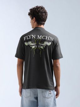 Flying Machine - Men Grey Graphic Printed Appliqued Relaxed Fit T-shirt