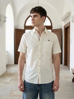 KUONS AVENUE - Men Cream Solid Linen Cotton Casual Shirt
